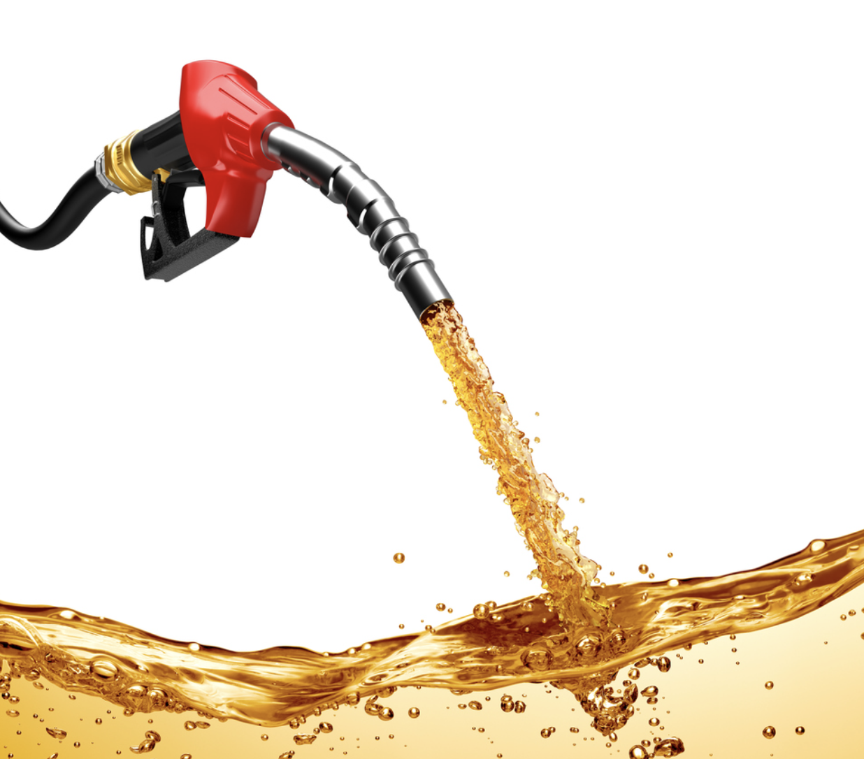 Red handled fuel pump dispenses gas into an unseen pool as the golden-colored gas gets deeper and deeper.